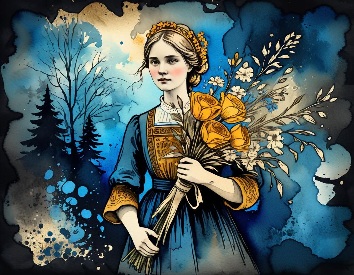Norwegian Maiden with Bouquet: Watercolor and Ink Portrait