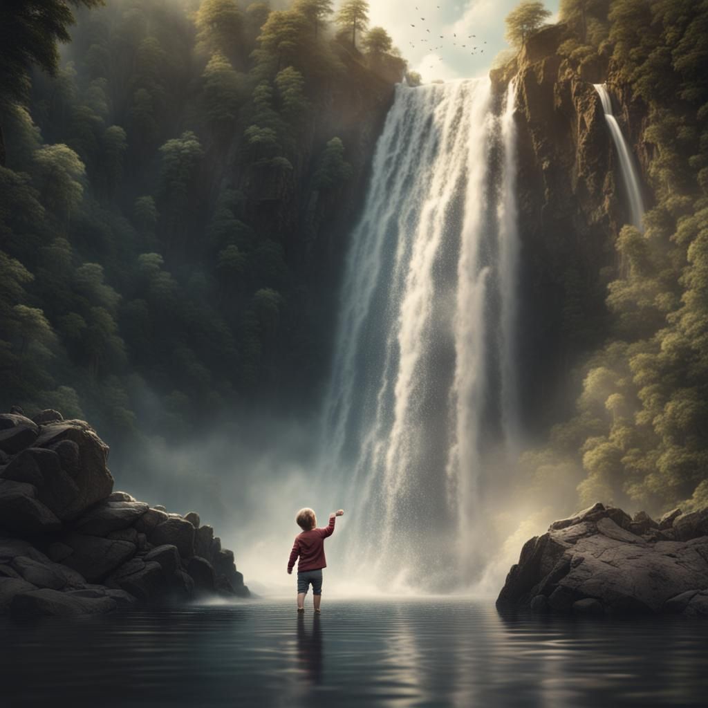 Toddler Tossing Coin into Waterfall: Digital Matte Painting