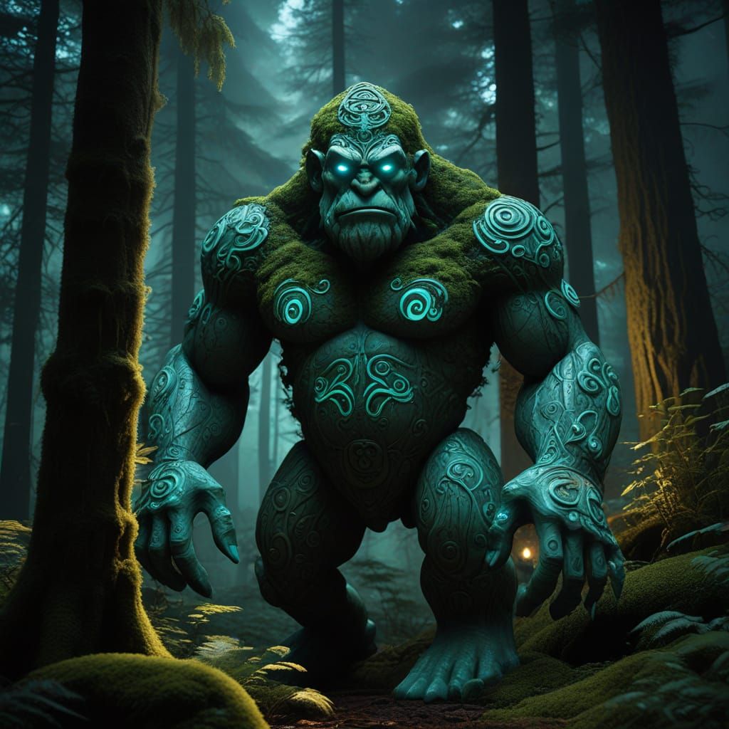 Moss Golem Awakens in Bioluminescent Forest