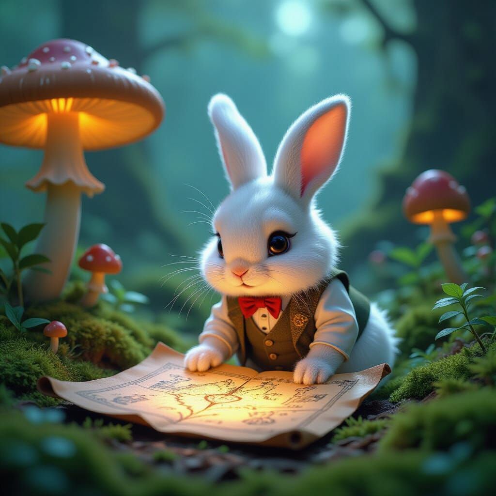 Victorian Rabbit Explorer Studies Glowing Forest Map