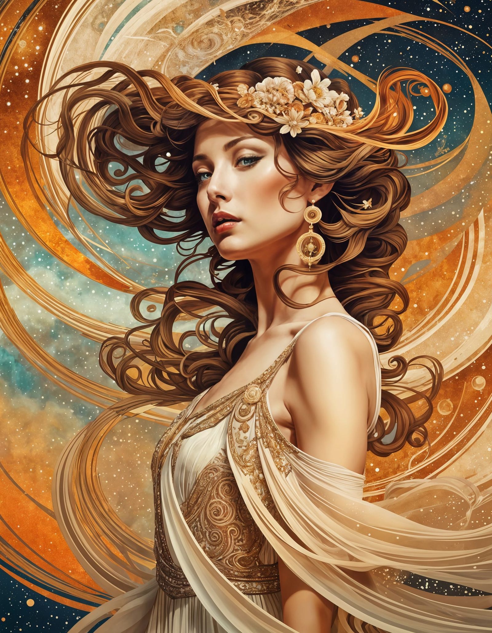 Surreal Portrait with Swirling Sand, Art Nouveau Style