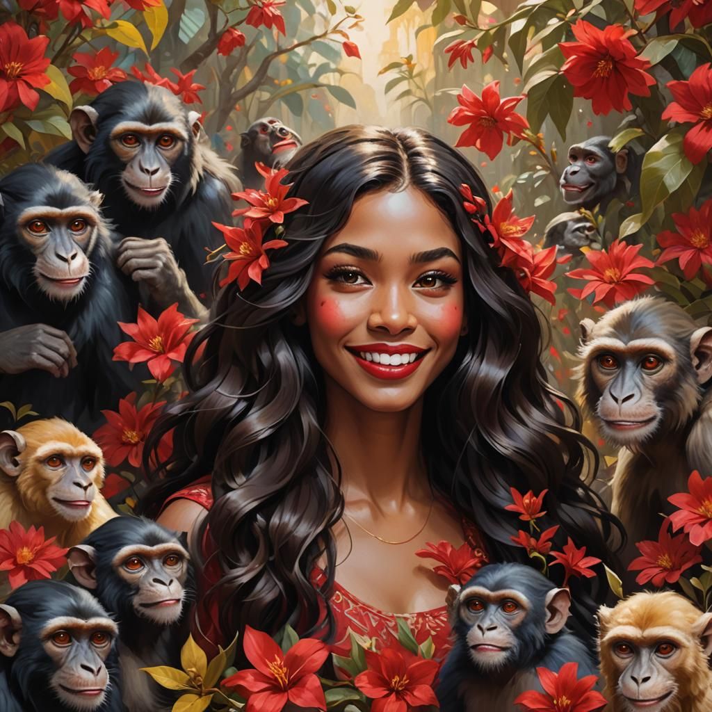 Girl with Monkeys and Flowers in Art Nouveau Style