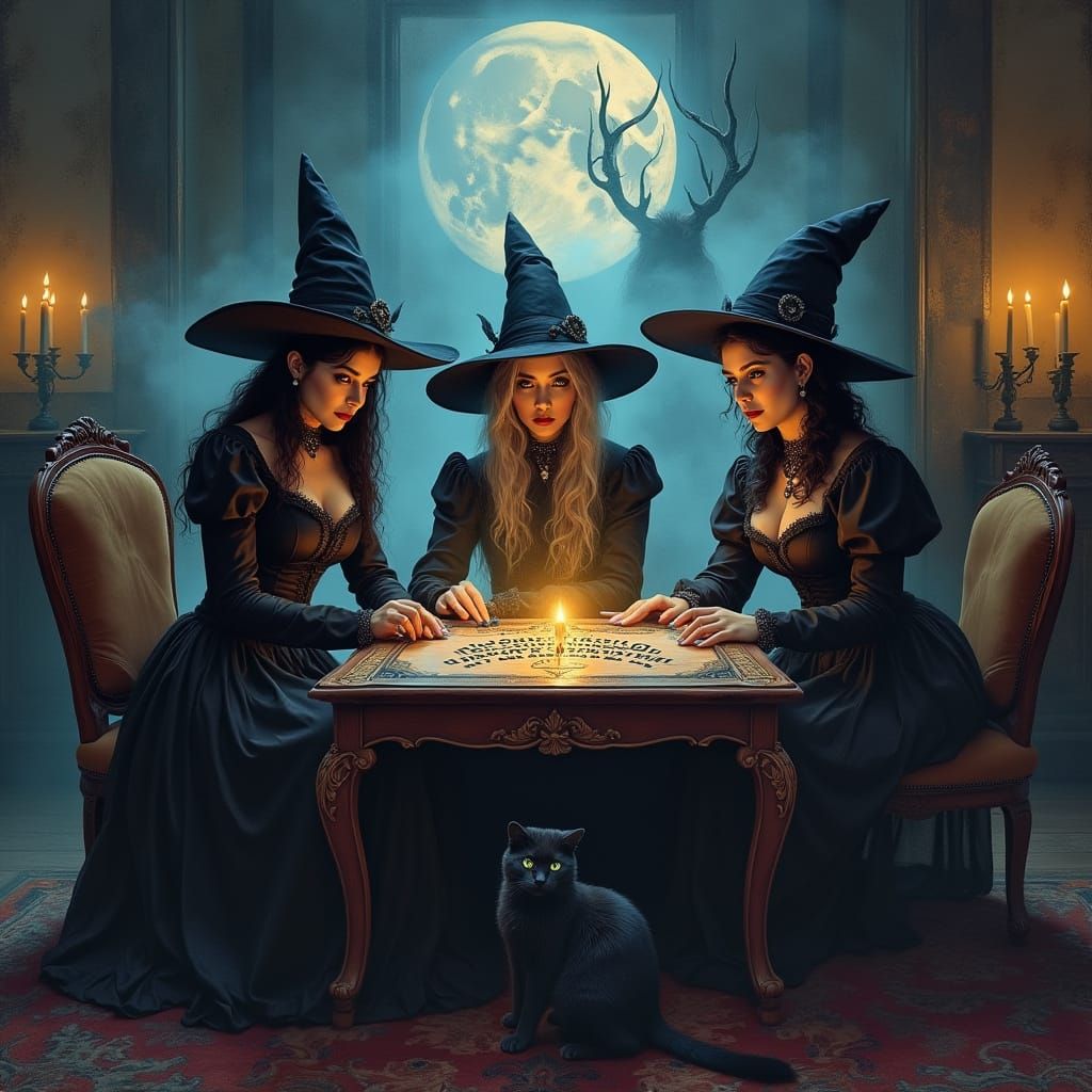 Witches Gather for Ouija Board Session in Victorian Parlor