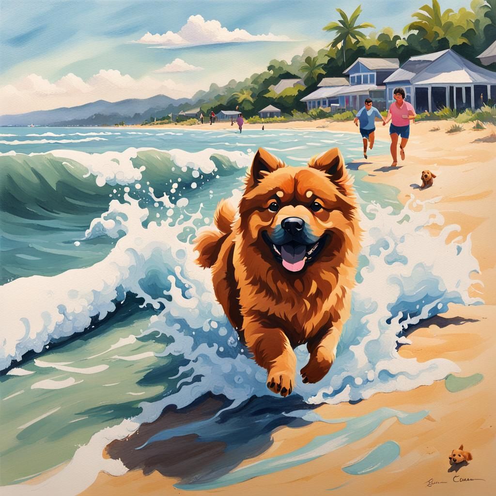 Chow Chow Dog Running on Beach, Gouache Painting