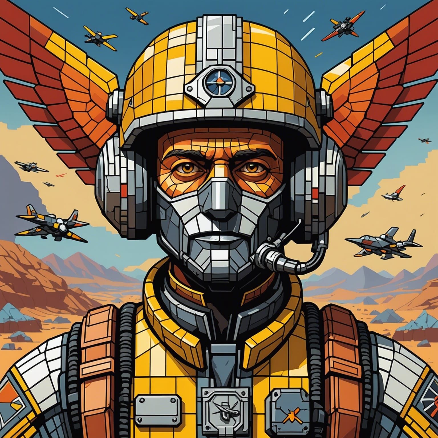 8-Bit Pixel Art Mosaic of Vintage War Pilot