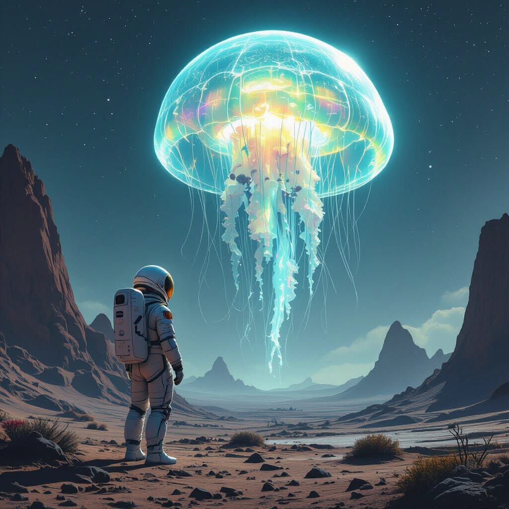 Astronaut and Bioluminescent Jellyfish on Alien Planet