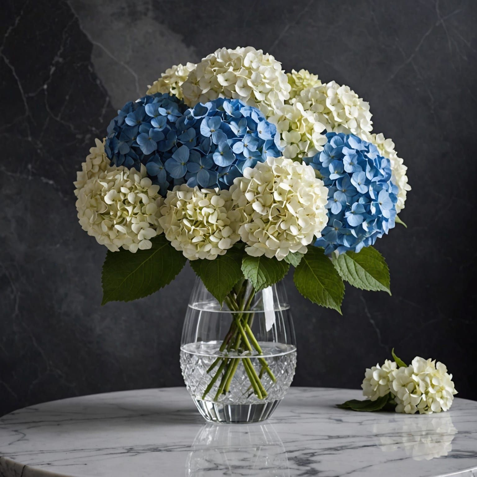 Blue and White Hydrangeas in Crystal Vase