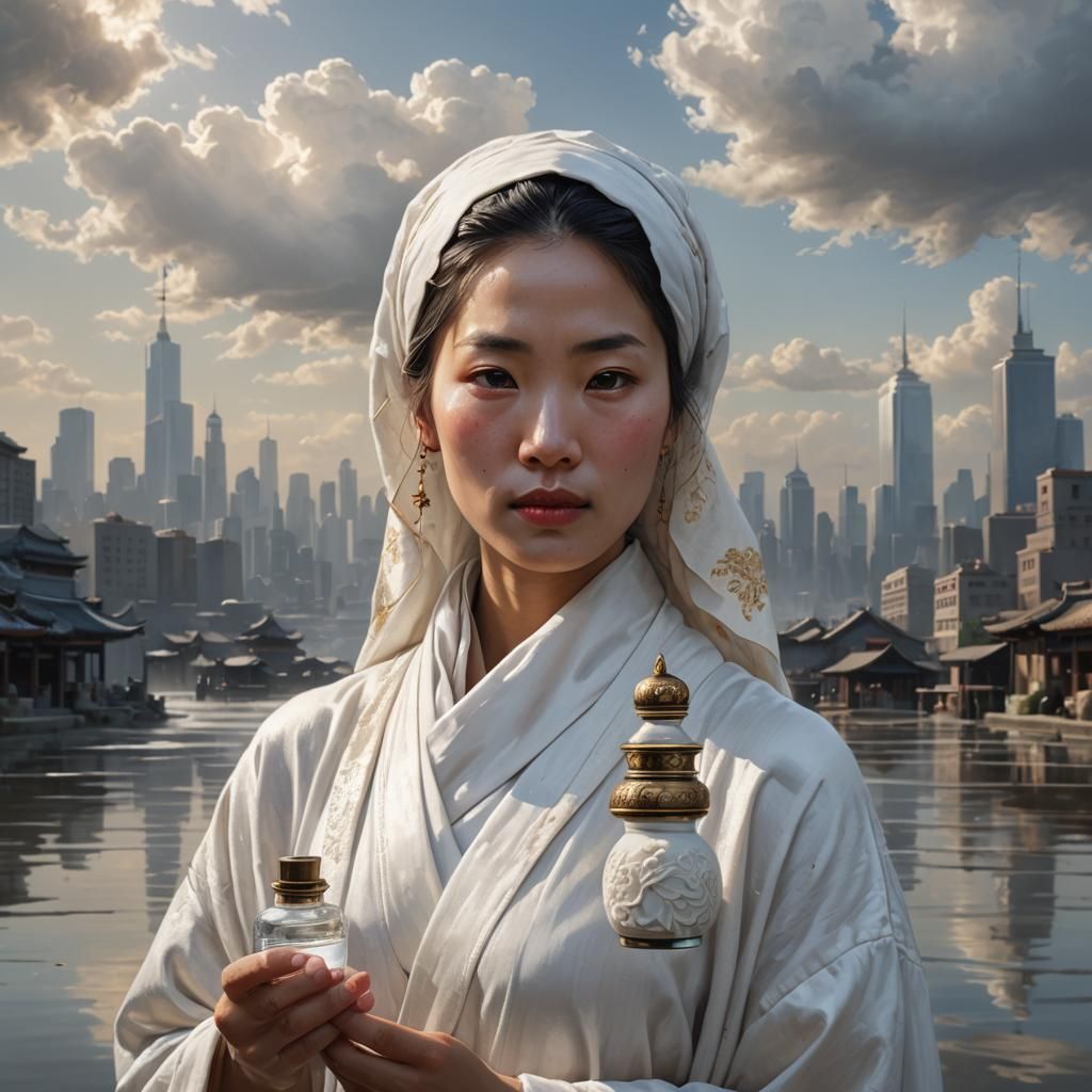Oriental Woman with Porcelain Bottle in Digital Art Style