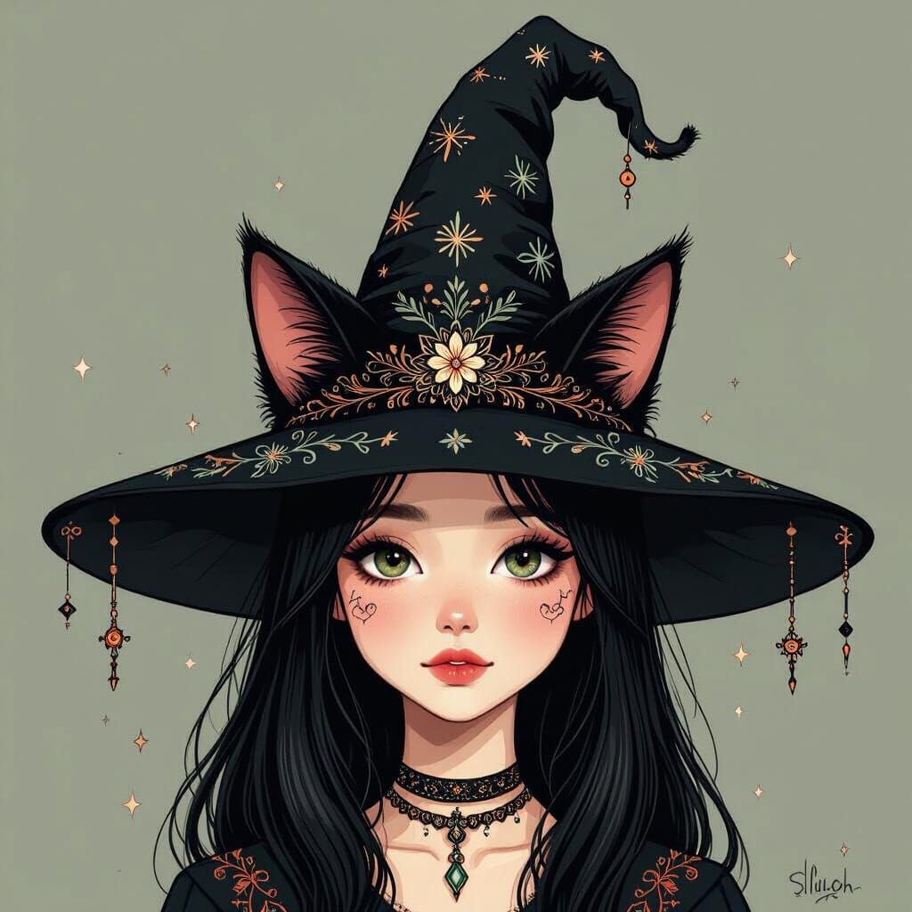 Whimsical Witch Hat with Cat Ears Embroidery