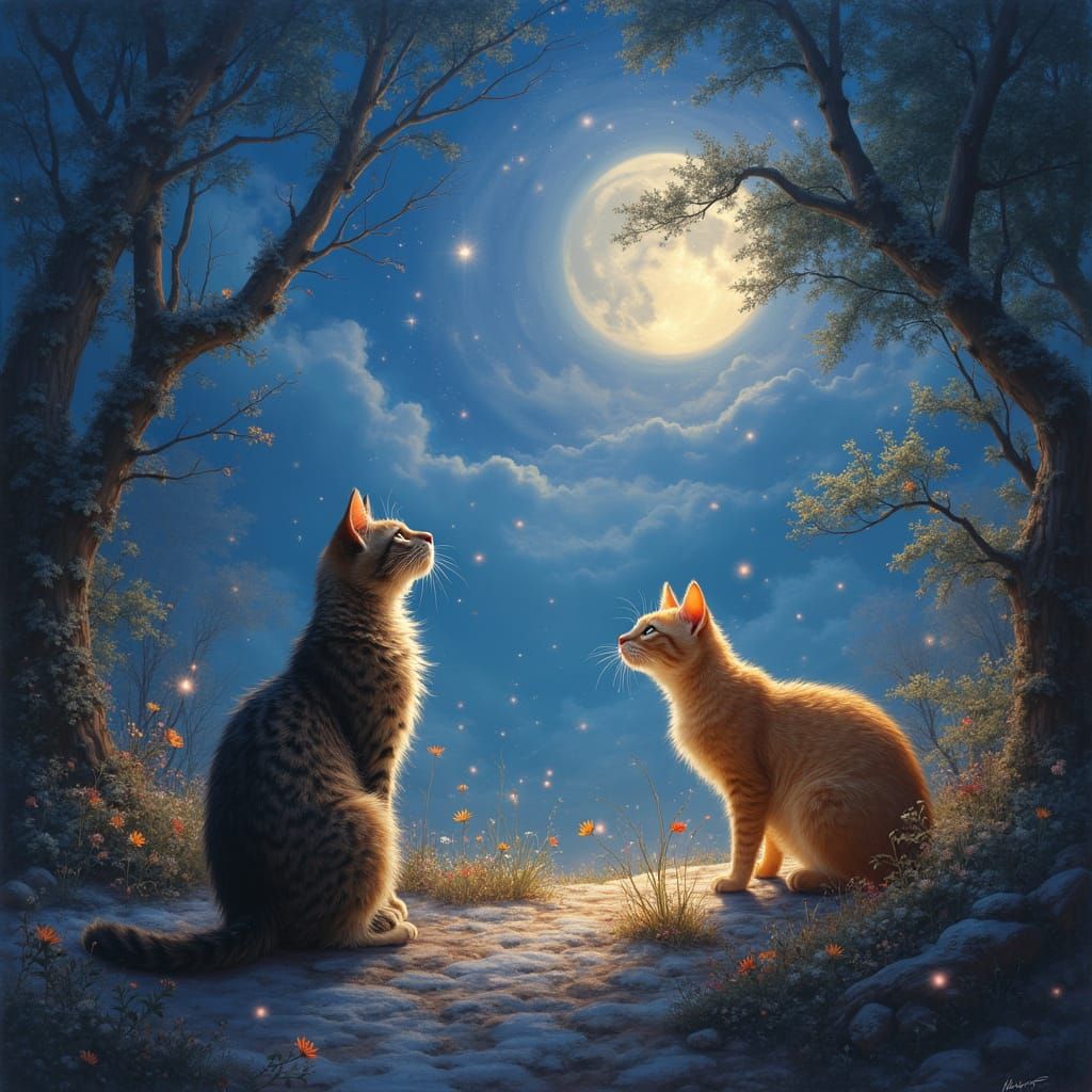 Magical Night Sky of Golden and Silver Cats