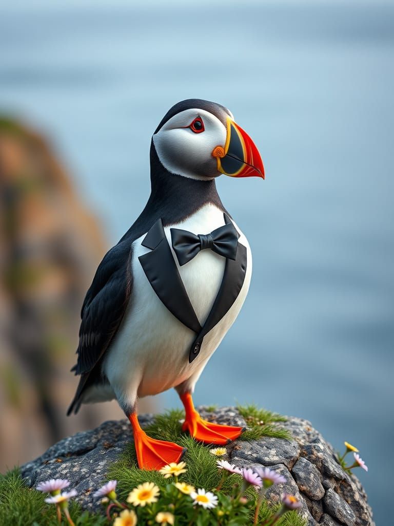 Atlantic Puffin in Tuxedo on Wildflower Cliff