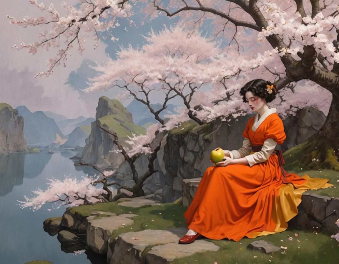 Girl Under Cherry Tree: Surreal Digital Art