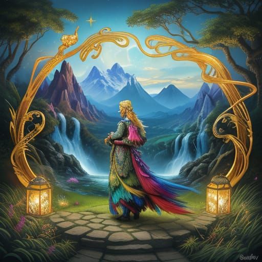 Enchanted Polish Woman in Vibrant Mystical Landscape