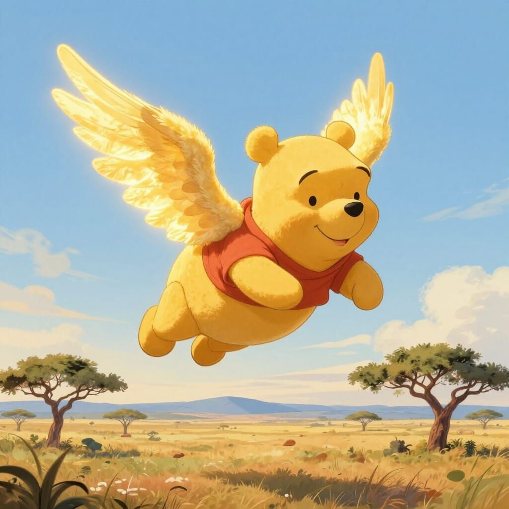 Winnie the Pooh Flies Over African Savanna in Storybook Styl...