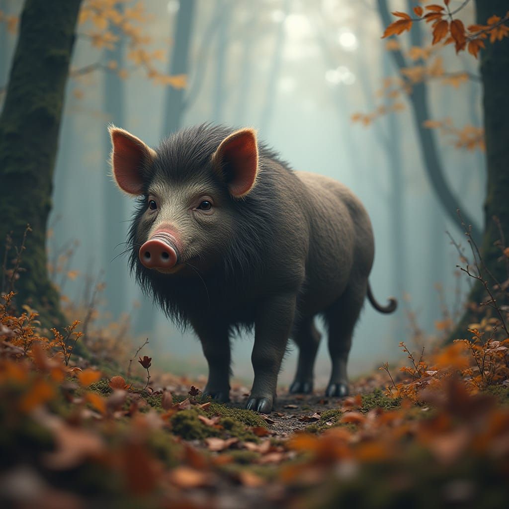 Hybrid Pig-Lion Creature in Misty Forest