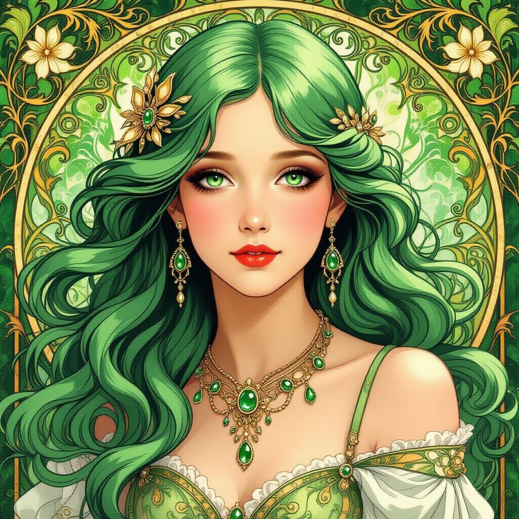 Art Nouveau Portrait of Woman with Green Hair and Emerald Ey...