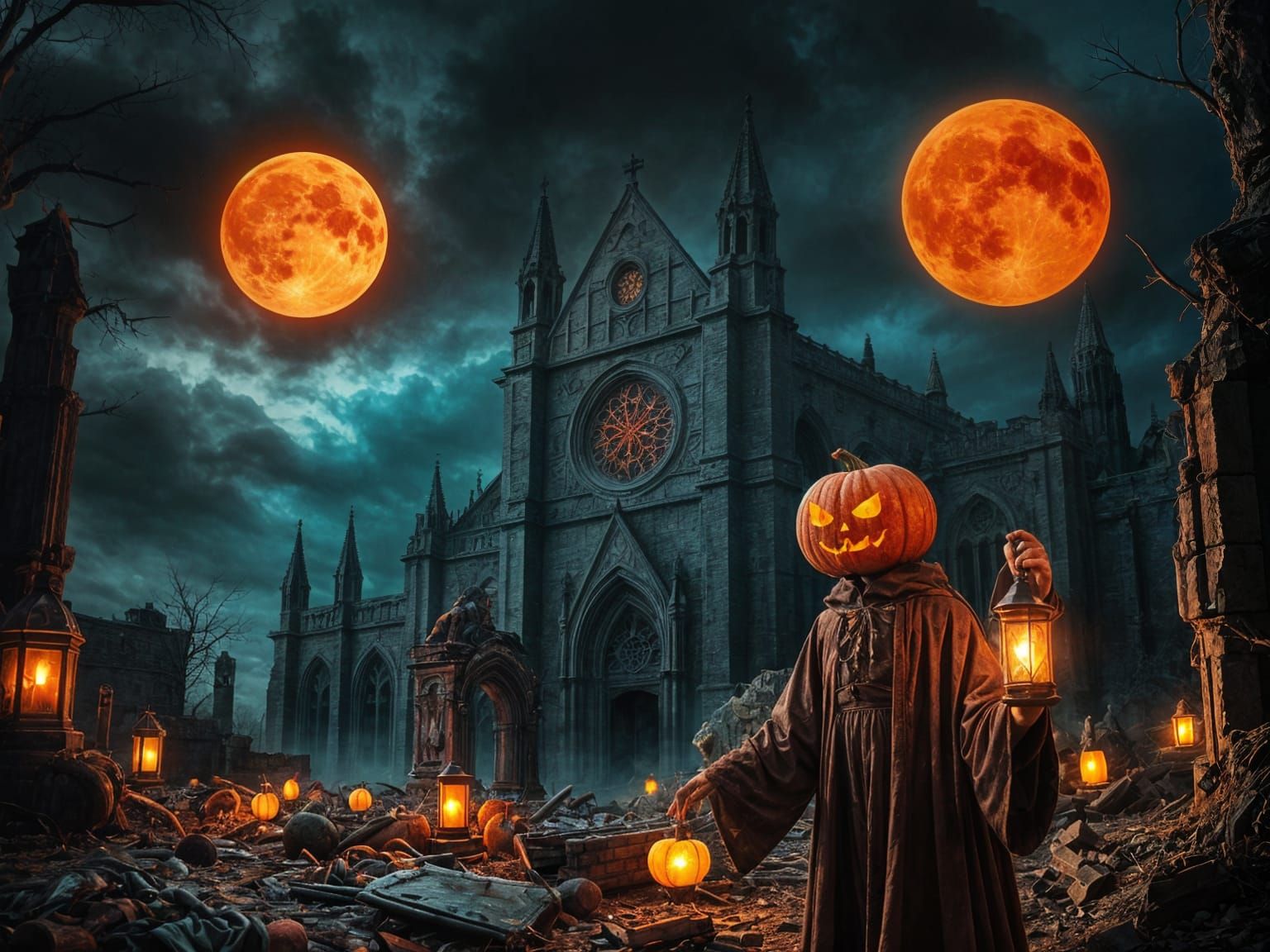 Gothic Cathedral Ruins with Phantom Scarecrow and Harvest Mo...