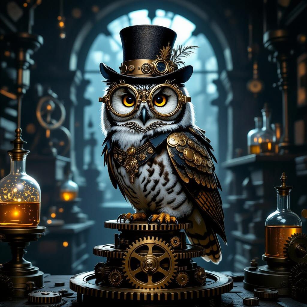 Whimsical Steampunk Owl in Victorian Engraving Style
