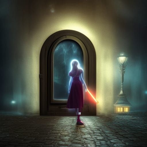 Mysterious Girl at Doorway in Detailed Matte Painting
