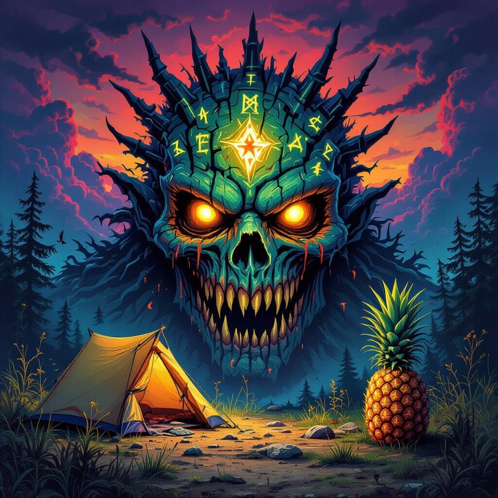 Monstrous Head with Glowing Runes at Campsite