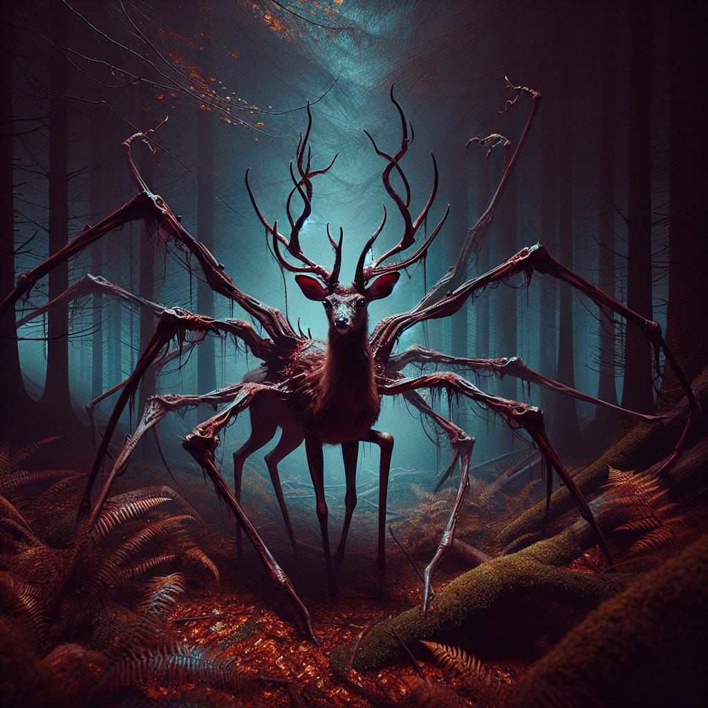 Transformed Deer in Dark Woodland: Hyperrealistic Image
