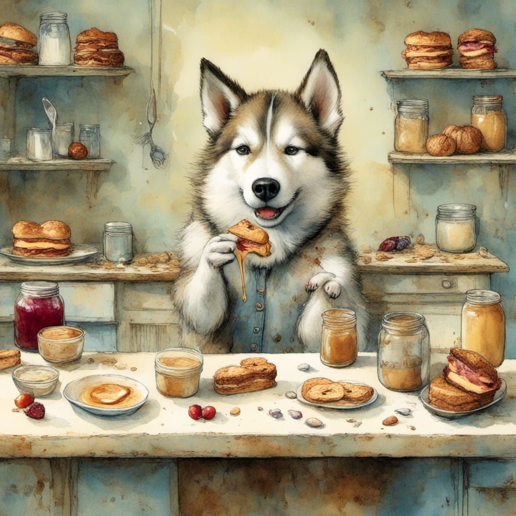 Husky Eats Sandwich in Kitchen