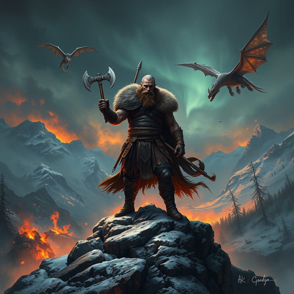 Viking Warrior in Epic Battle Amidst Fiery Skies