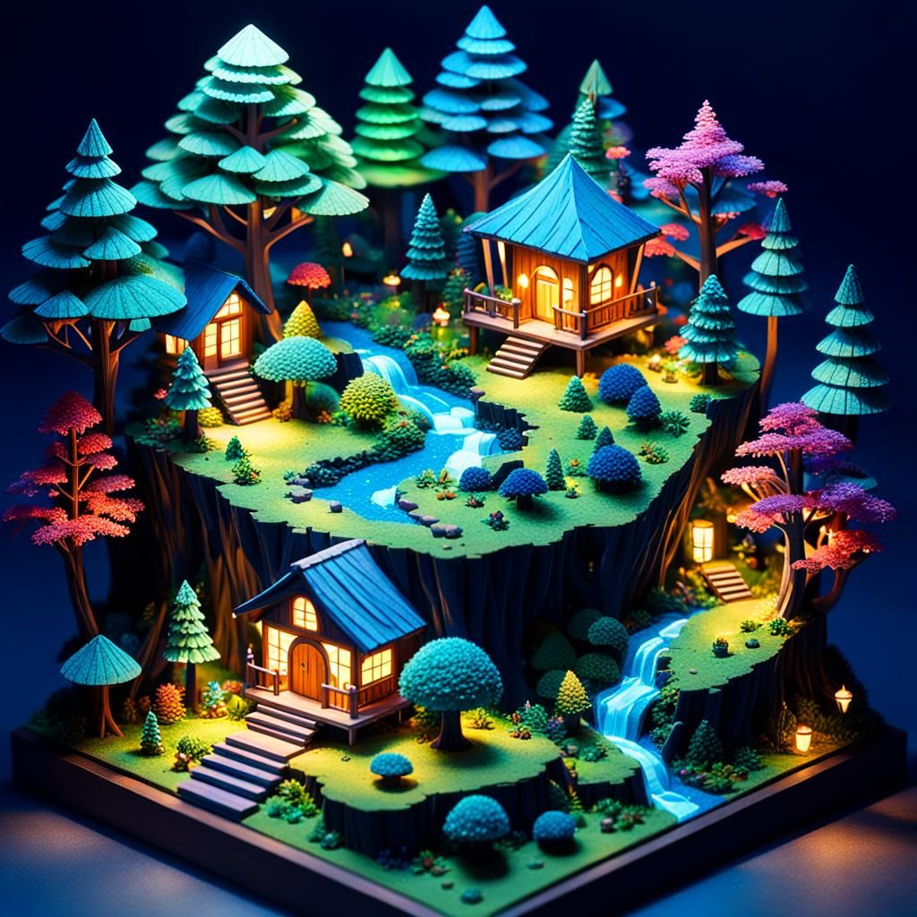 Glimmering Isometric Diorama of a Fantasy Woodland