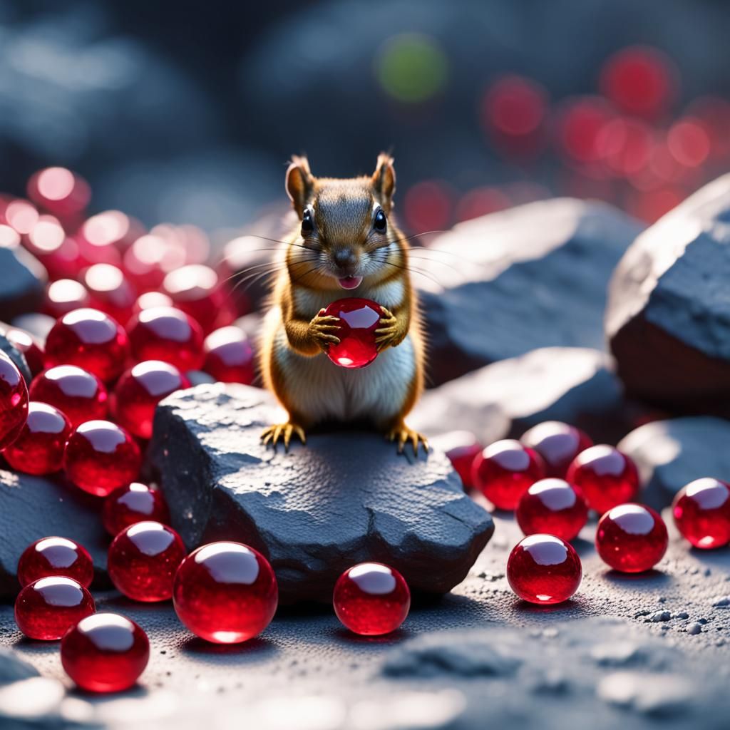 Chipmunk Inspects Imperfect Ruby Gem: Hyper-Realistic Photog...