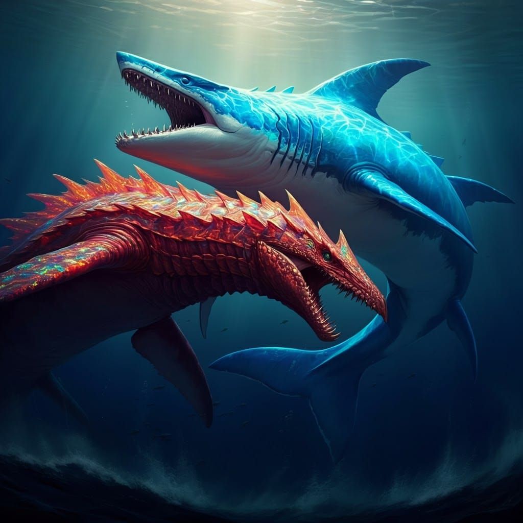 Opal Mosasaur vs Megalodon in a Fantasy Ocean
