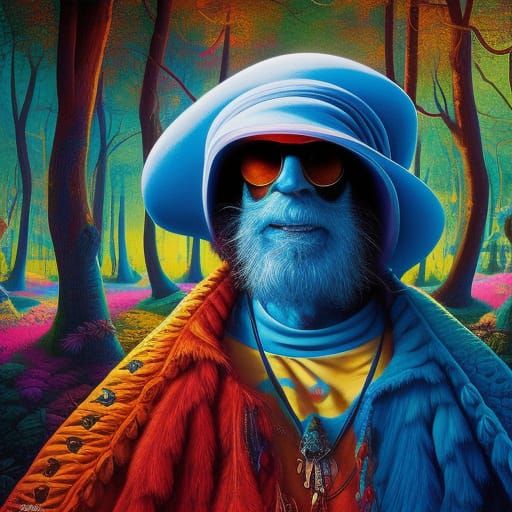 Deranged Hippie Smurf Grandfather Selfie in Pop Art