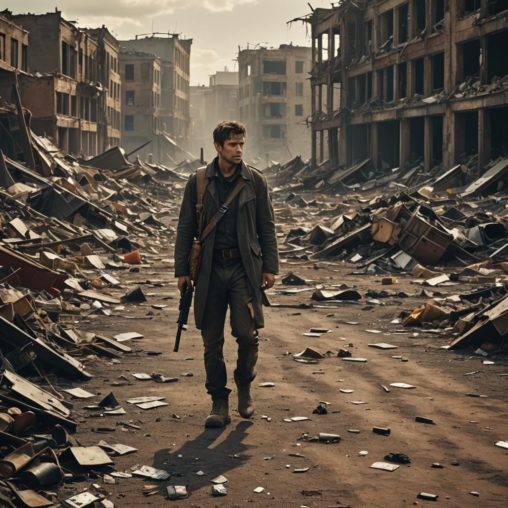 Post-Apocalyptic Man Walks Through Desolate Landscape