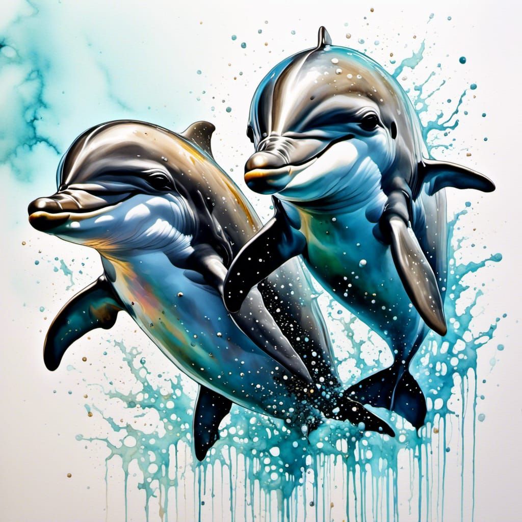 Dolphin Babies Dancing with Iridescent Ink Splashes