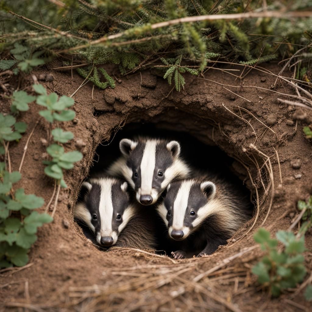 Cozy Badger Burrow with Sleeping Baby Badgers