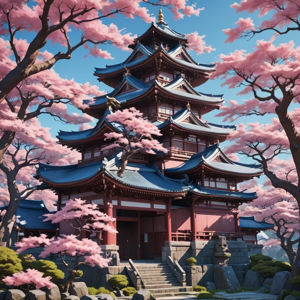 Japanese Temple with Pink Trees in Anime Style