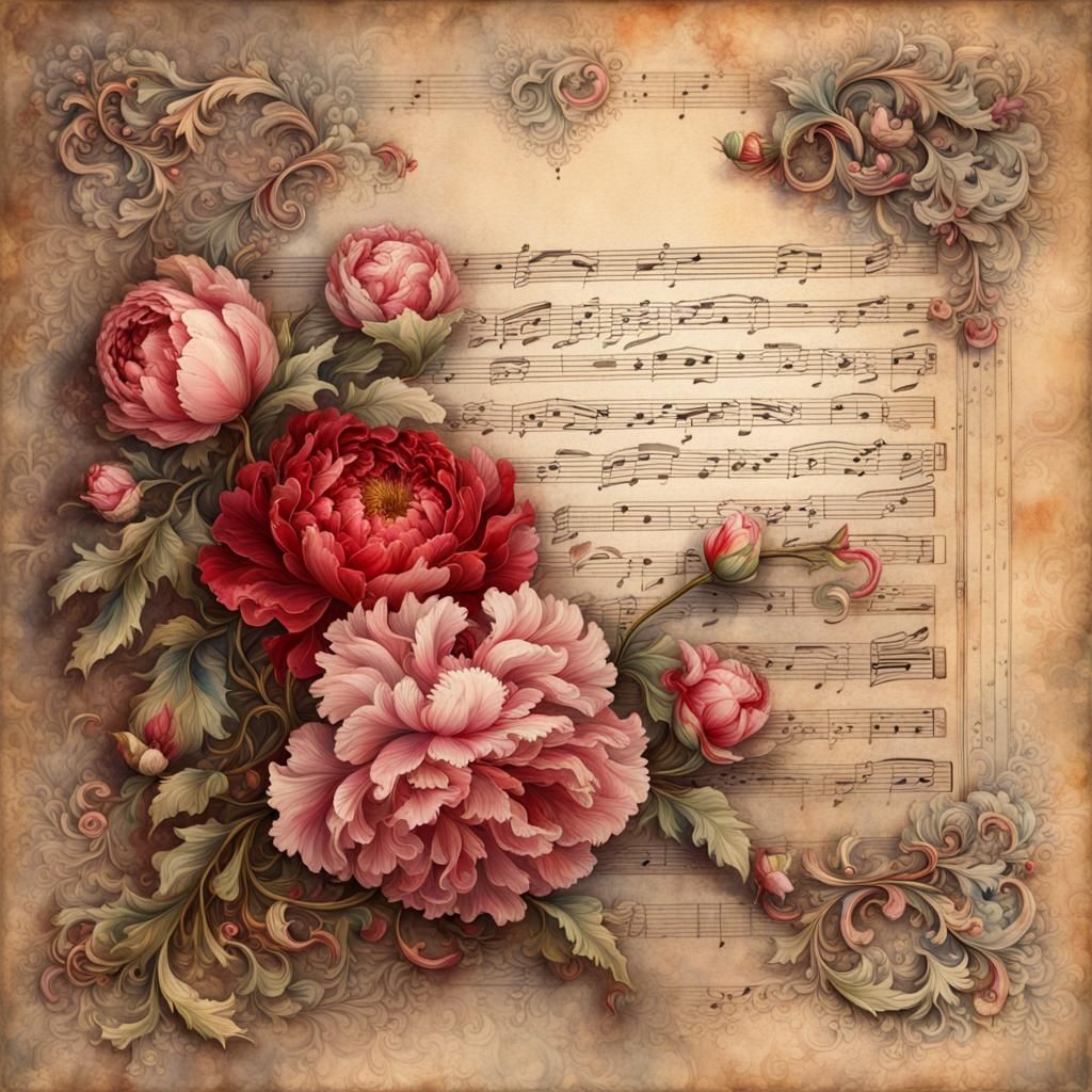 Vintage Rococo Collage with Peonies and Lace