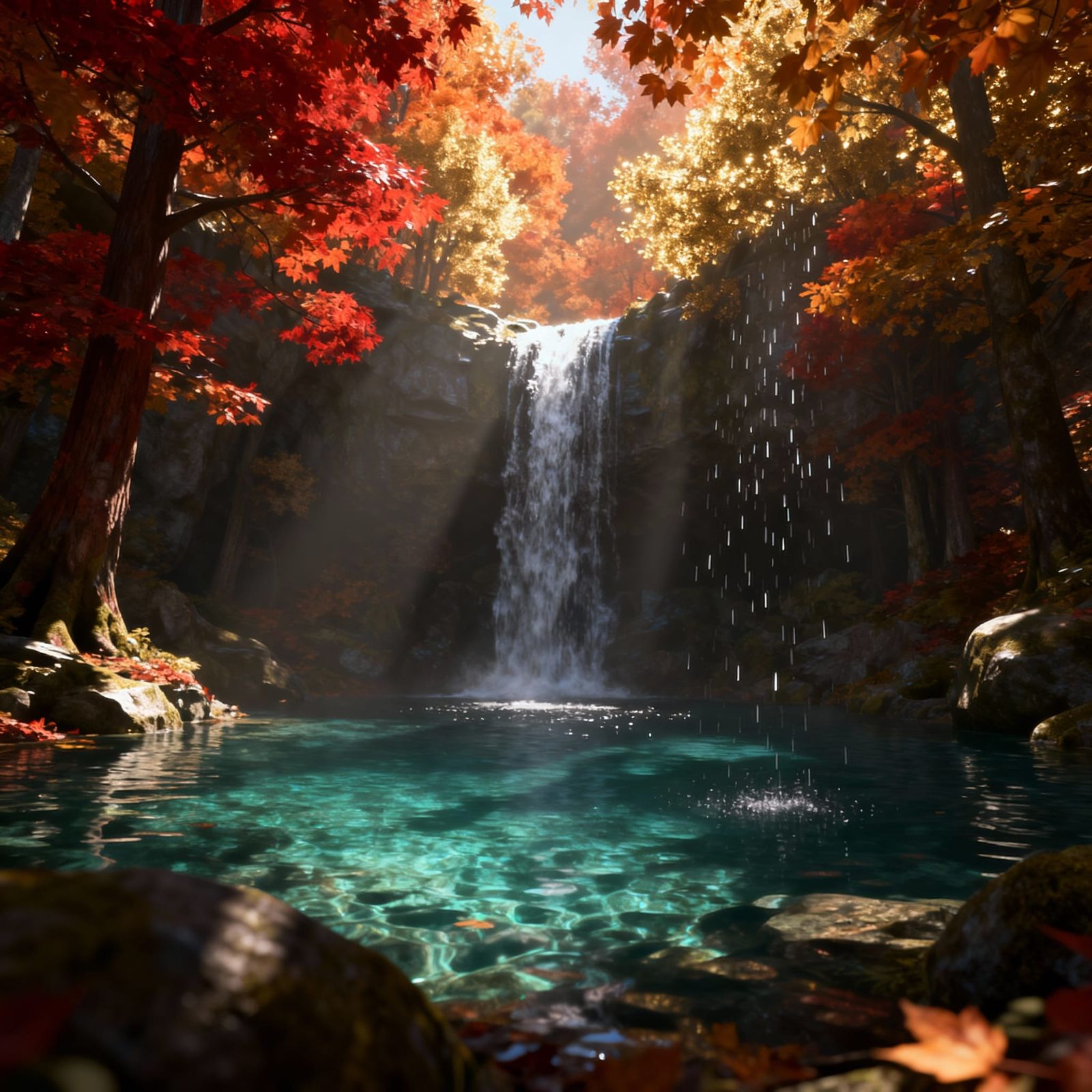 Hidden Waterfall in Glowing Autumn Forest