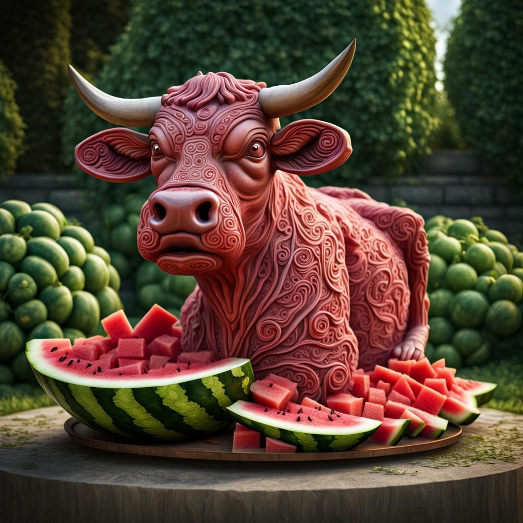 Hyperrealistic Watermelon Carving of a Cow