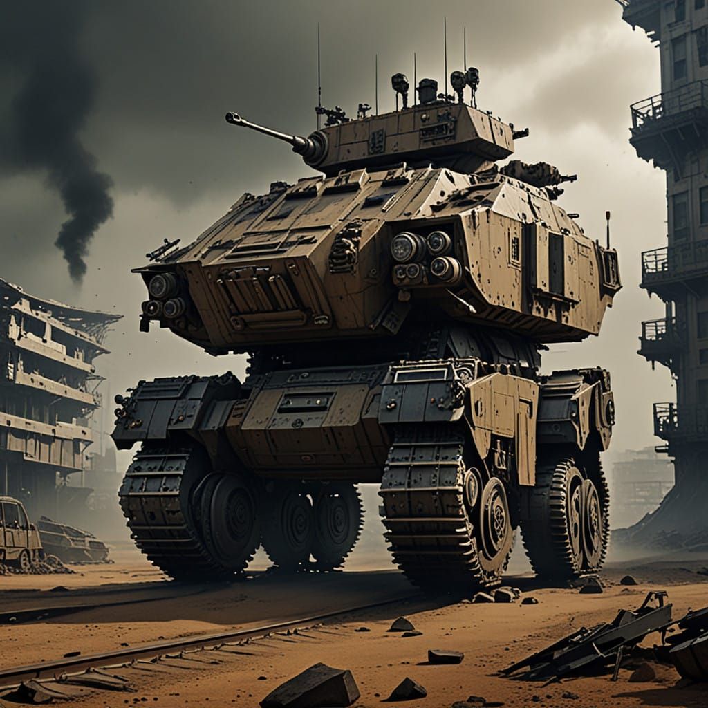 Steam-Powered War Machine Roams a Ruined Landscape