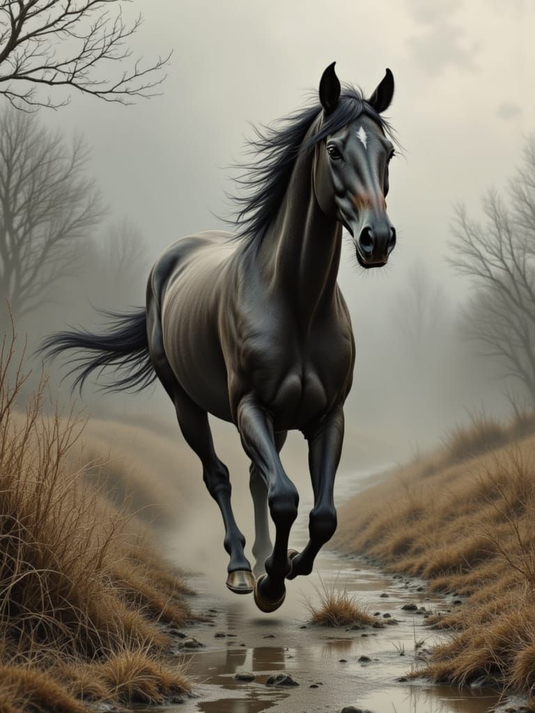 Stallion Gallops Through Misty Winter Landscape