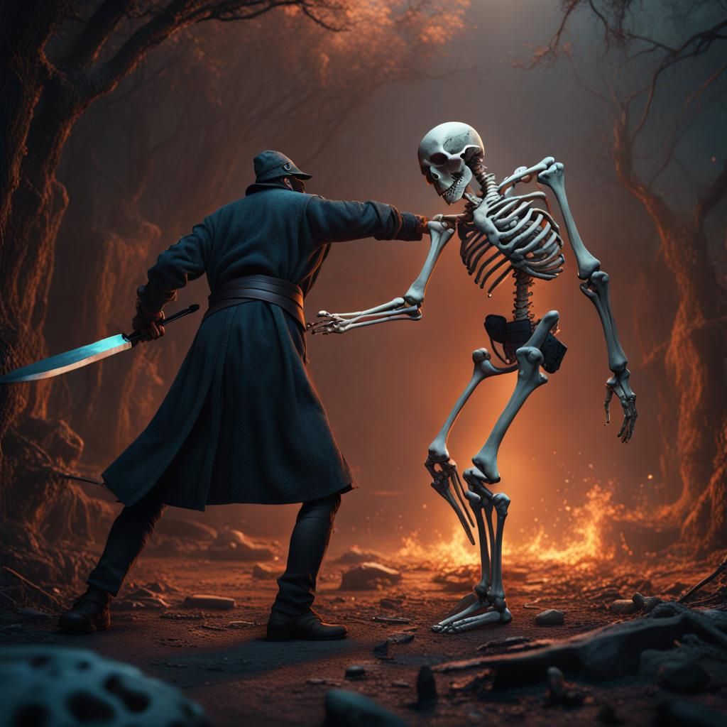 Fantastical Skeleton Stabbing a Man: Detailed Matte Painting