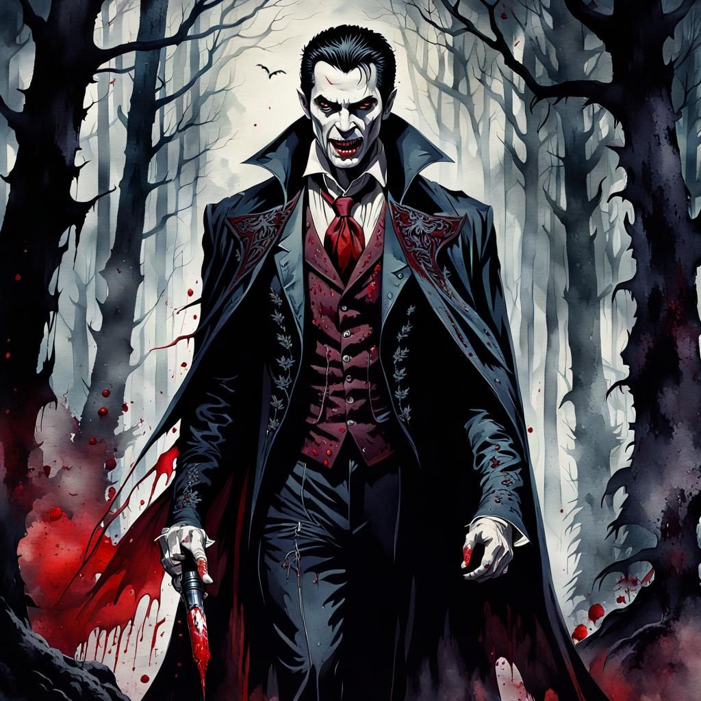 Vampire in Dark Forest: Bleeding Watercolor Art