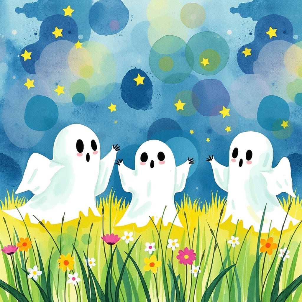 Cute Kid Ghosts Watching Fireflies in Watercolor Style