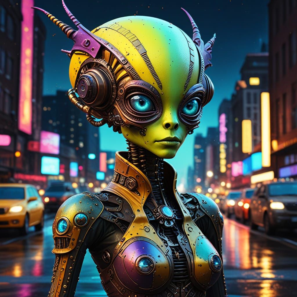 Steampunk Xenomorph in Rainbow Dress Oil Painting