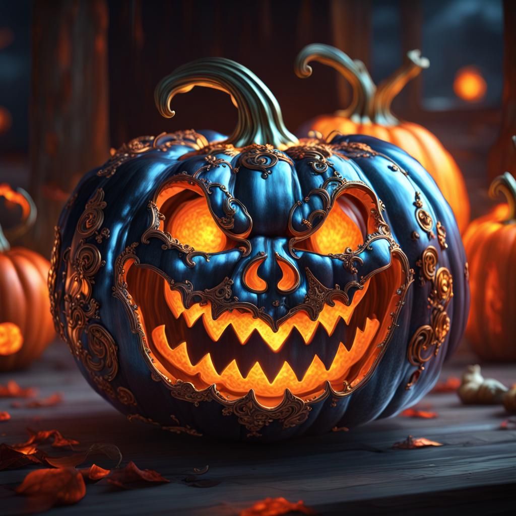 The Enchantment of the Glowing Glass Pumpkin. with ghoulish smile," 8k resolution concept art intricately detailed dynam...