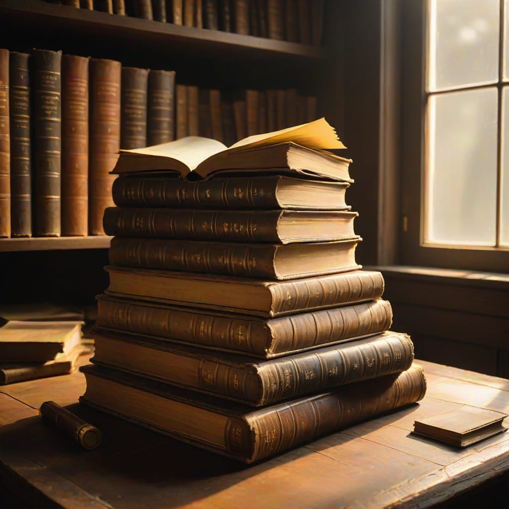 Mysterious Leather-Bound Tomes in a Dimly Lit Study