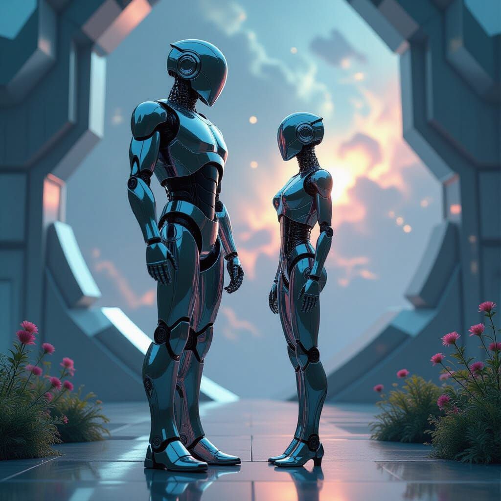 Art Deco Robot with Translucent Companion in Surreal Space