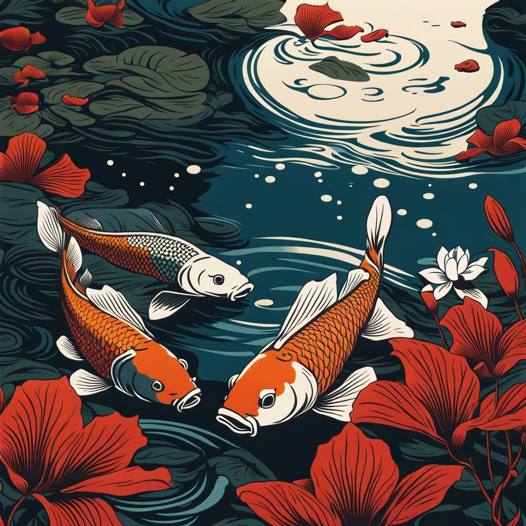 Koi Carp Underwater: Japanese Linocut Illustration