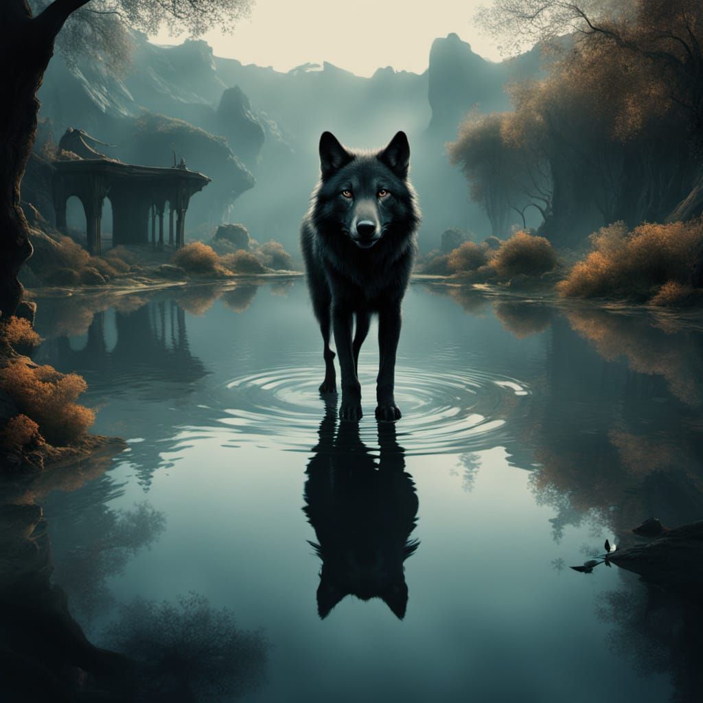 Surreal Wolf Gaze in Lush Forest Landscape