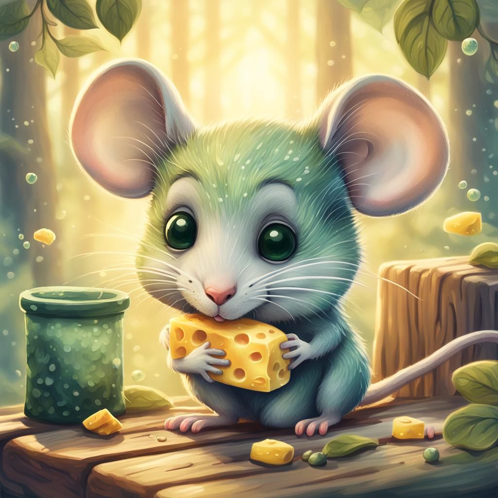 Whimsical Mouse in Forest Eating Cheese